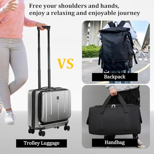 16 Inch Carry On Luggage with 2 Compartments for 14” & 15” Laptop, 16.14*8*17.12” Rolling Briefcase, Lightweight Hardshell ABS+PC Suitcase with Spinner Silent Wheels, for Business Trip, Dark Gray