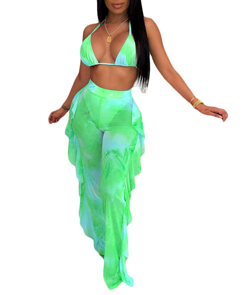 Ophestin Womens Sexy Halter Sheer Bikini Ruffle Long Pants Set 2 Piece Swimsuit Green Size M