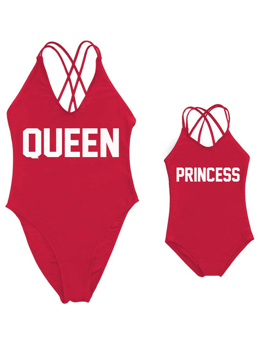 Mommy and Me Matching Family Swimsuit Queen & Princess One Piece Mother Daughter Girls Swimwear Cross Back Bathing Suits Red