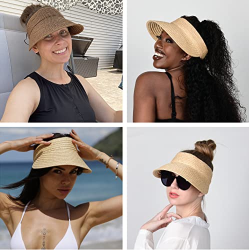 FURTALK Sun Visor Hats for Women Wide Brim Straw Foldable Beach Summer Roll Up Ponytail Hat Khaki