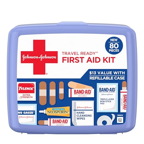 Band-Aid Travel Ready Portable Emergency First Aid Kit for Minor Wound Care with Assorted Adhesive Bandages, Gauze Pads & More, Ideal for Travel, Car & On-The-Go, 80 pc