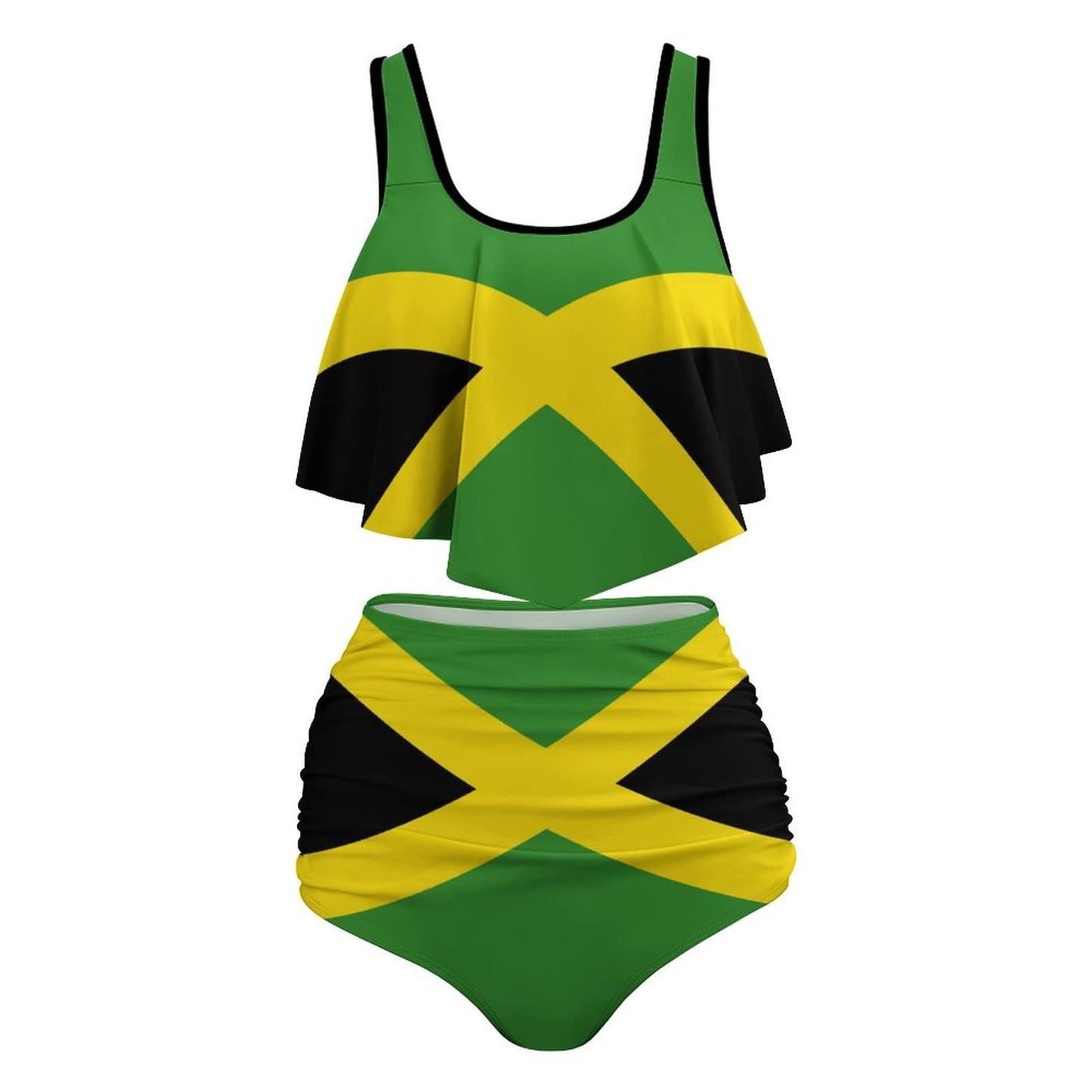 Jamaica Flag Plus-Size Ruffled Top 2 Piece Tankini Swimsuits for Women Bathing Suits with Ruched High Waisted Bikini Bottom Swimsuit-XL