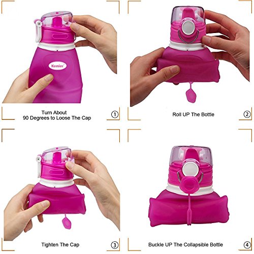 Kemier Collapsible Silicone Water Bottles-750ML,Medical Grade,BPA Free.Can Roll Up,26oz,Leak Proof Foldable Sports & Outdoor Water Bottles (Pink)