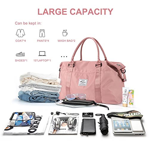 Womens travel bags, weekender carry on for women, sports Gym Bag, workout duffel bag, overnight shoulder Bag fit 15.6 inch Laptop Pink Large