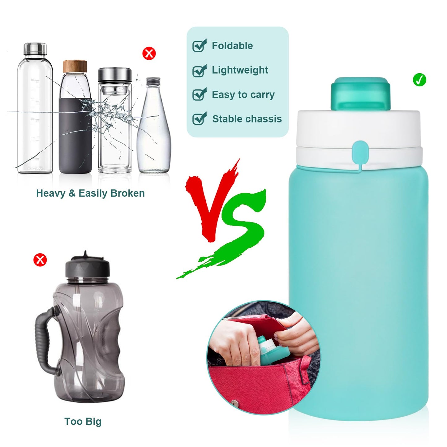 PLTCAT Collapsible Water Bottle, 26oz Foldable Water Bottle BPA Free Reusable Lightweight Leak-Proof Travel Silicone Water Bottle for Travel, Gym, Hiking, Office, Camping(Green)