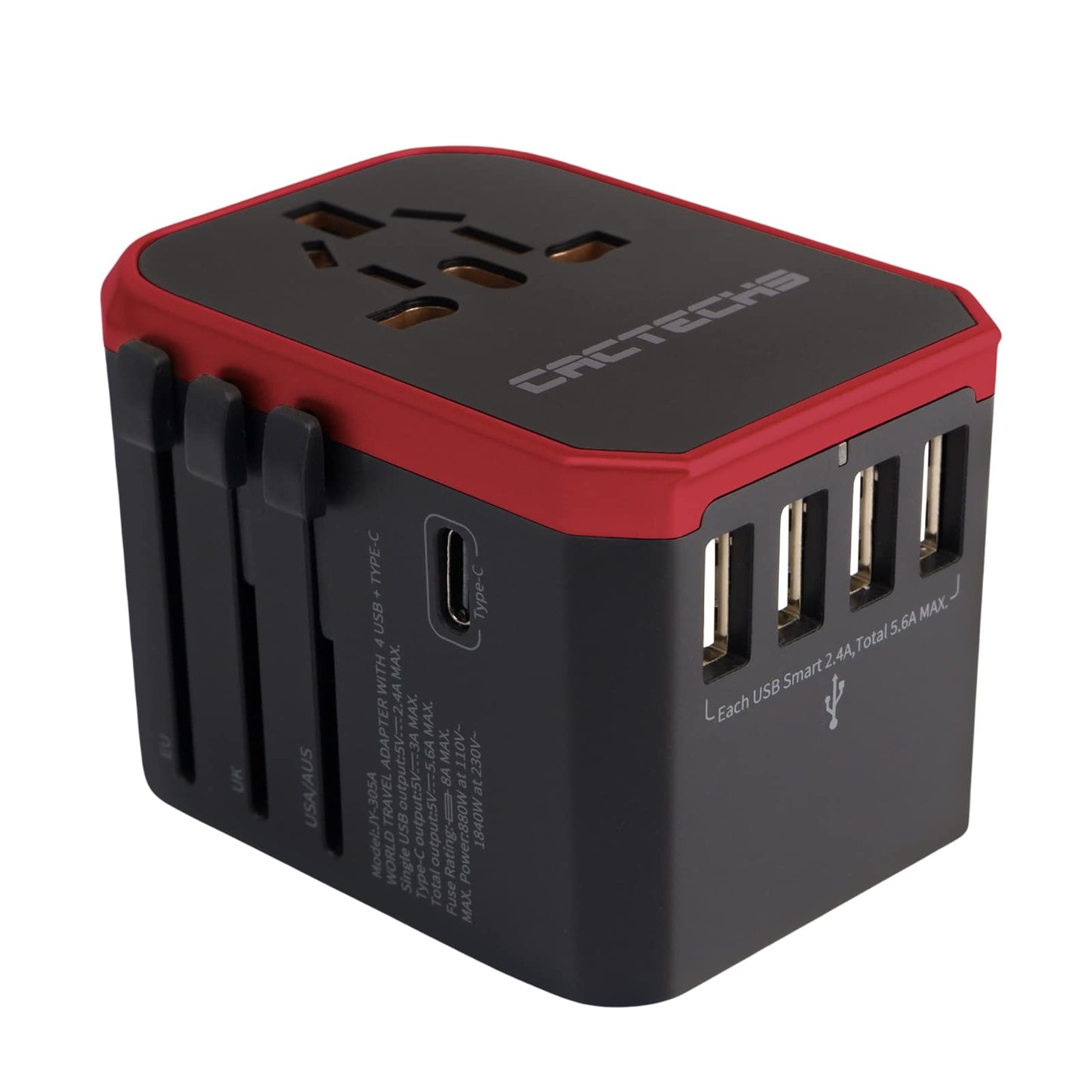 CACTECHS International Universal Travel Adapter Worldwide 4 USB 1 Type C Travel Charger, EU UK European Travel Plug Adapter Europe Power Outlet Converter, Travel Essentials Accessories - Red