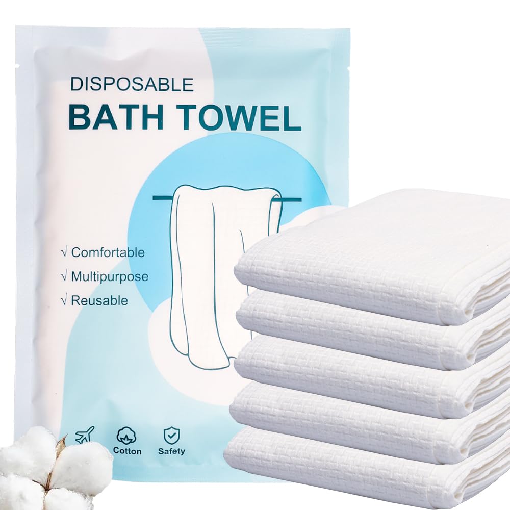 Disposable Bath Towels 5 PCS Large Portable Bath Towels for Travel,55 x 27.5 inch Soft Big Body Towel,Washcloth for Hiking Camping Hotel Bathroom, Individually Packed