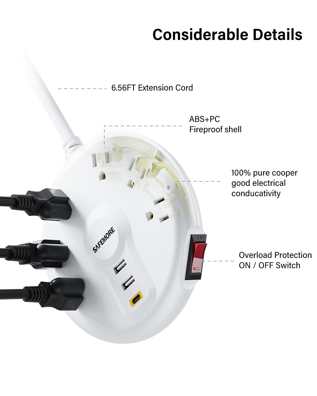 Cruise Power Strip with 3 USB Ports(2 USB A Ports & 1 USB C PD18W), SAFEMORE 6 Outlets Plug Extender with 6.56FT Extension Cord, Desktop Charging Station with for Home/Office - White