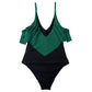 SUUKSESS Women Slimming Ruffle One Piece Swimsuits Ruched Tummy Control Bathing Suits (Deep Green Black, L)