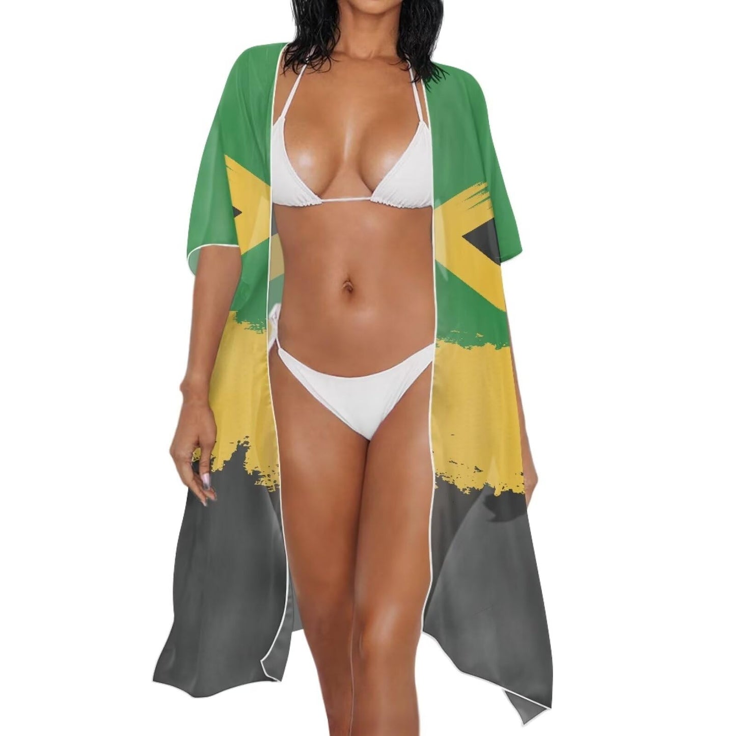 Spowatriy Jamaica Flag Women's Swimwear Cover Ups Kimono Bikini Bathing Suit Cover Ups Summer Cardigan