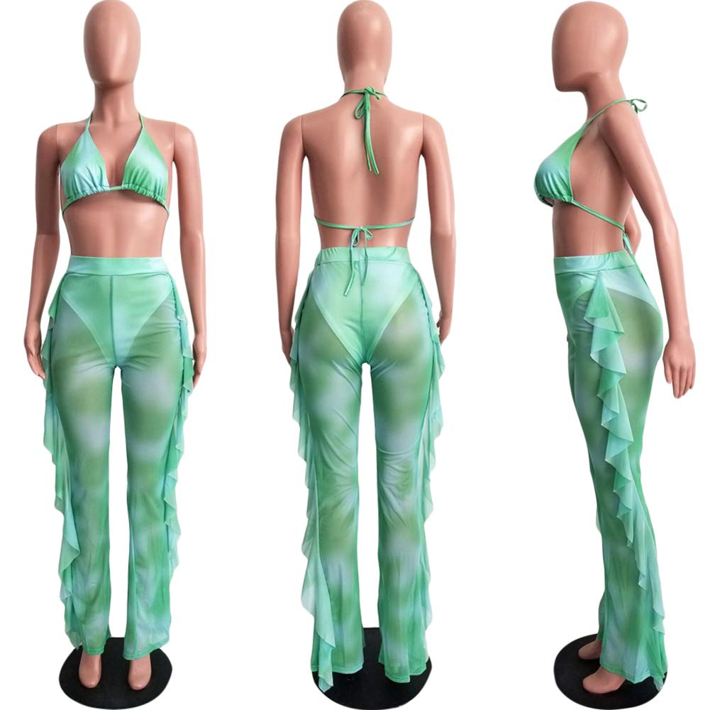 Ophestin Womens Sexy Halter Sheer Bikini Ruffle Long Pants Set 2 Piece Swimsuit Green Size M