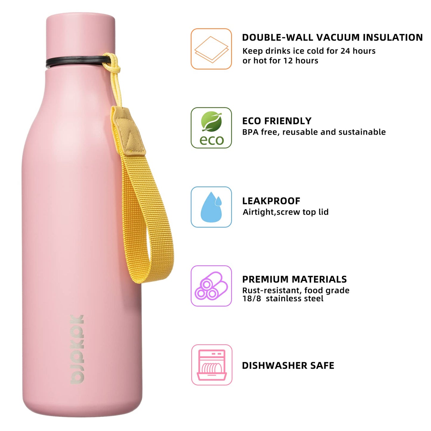 BJPKPK Insulated Water Bottles, 18oz Stainless Steel Metal Water Bottle with Strap, BPA Free Leak Proof Thermos, Mugs, Flasks, Reusable Water Bottle for Sports & Travel, Light Pink