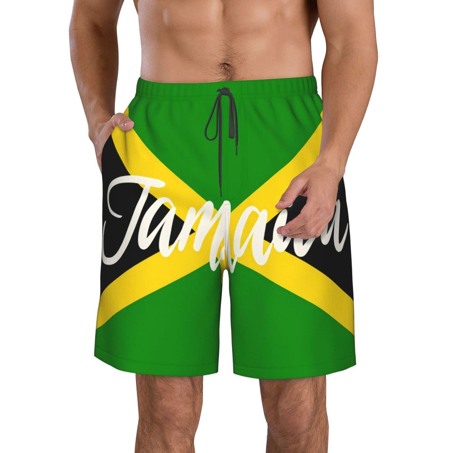 KAMQUERENCE Jamaica White Men's Swim Trunks Men's Swimsuit Quick Dry Board Shorts with Mesh Lining Beach Shorts Large