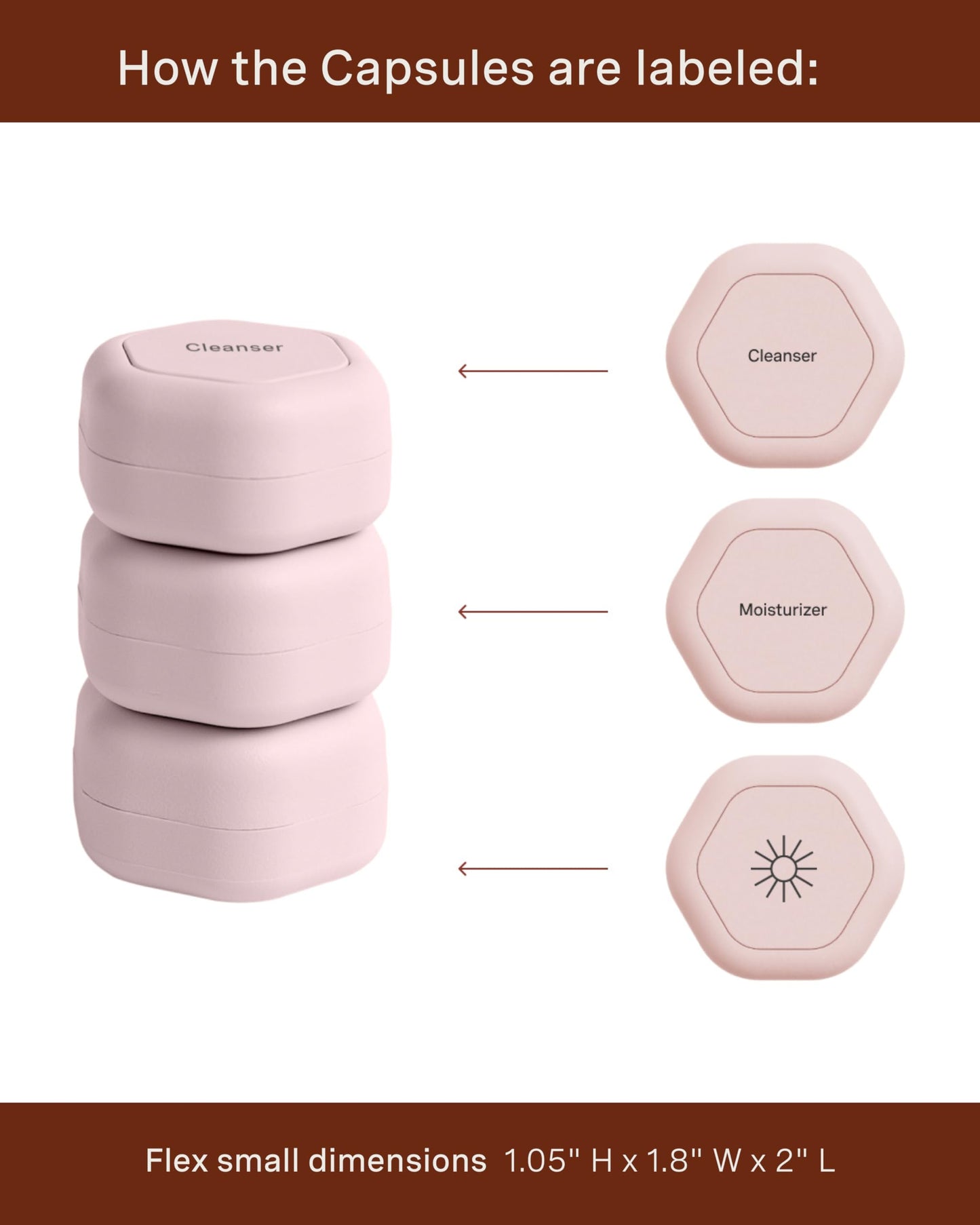 Cadence Travel Containers - Skincare Set - Magnetic Travel Capsules - for Facial Cleanser, Moisturizer, Sunscreen - 3 Medium Capsules (0.56oz) with Cleanser, Moisturizer & Sun-Icon Labels - Petal