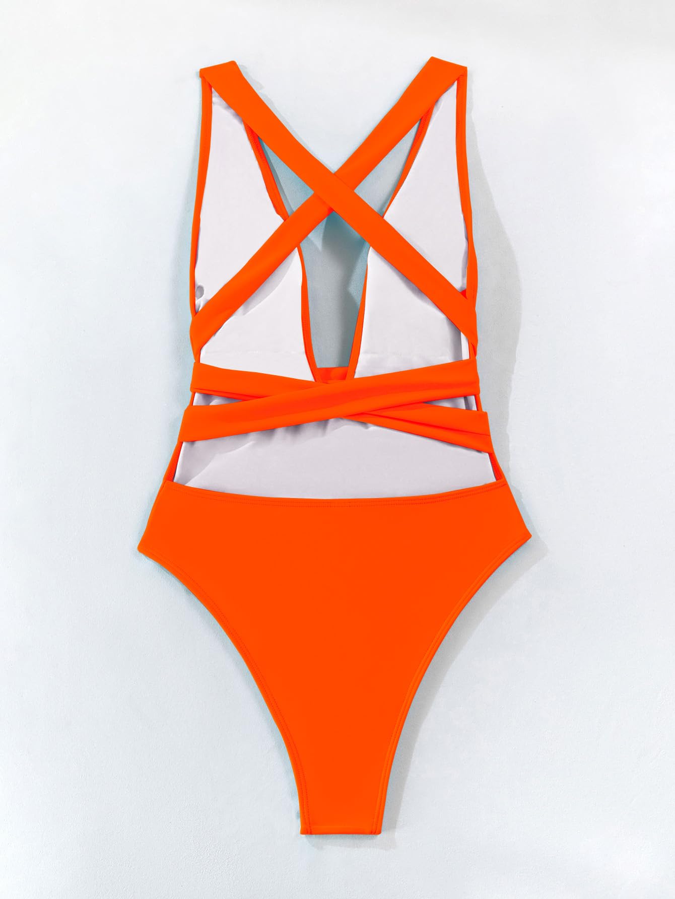 Lilosy Sexy Lace Up Plunge Neck Backless High Waisted Low Cut Leg Rise Thong Cheeky Brazilian 1 Piece Bikini Swimsuit Women Back Bathing Suit Tie Criss Cross Monokini Neon Orange Medium