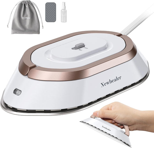 Newbealer Travel Iron with Dual Voltage - 120V/220V Lightweight Dry for Clothes (No Steam), Non-Stick Ceramic Soleplate, 302℉ Mini Heat Press Machine, w/Spray Bottle, Pouch & Silicone Stand