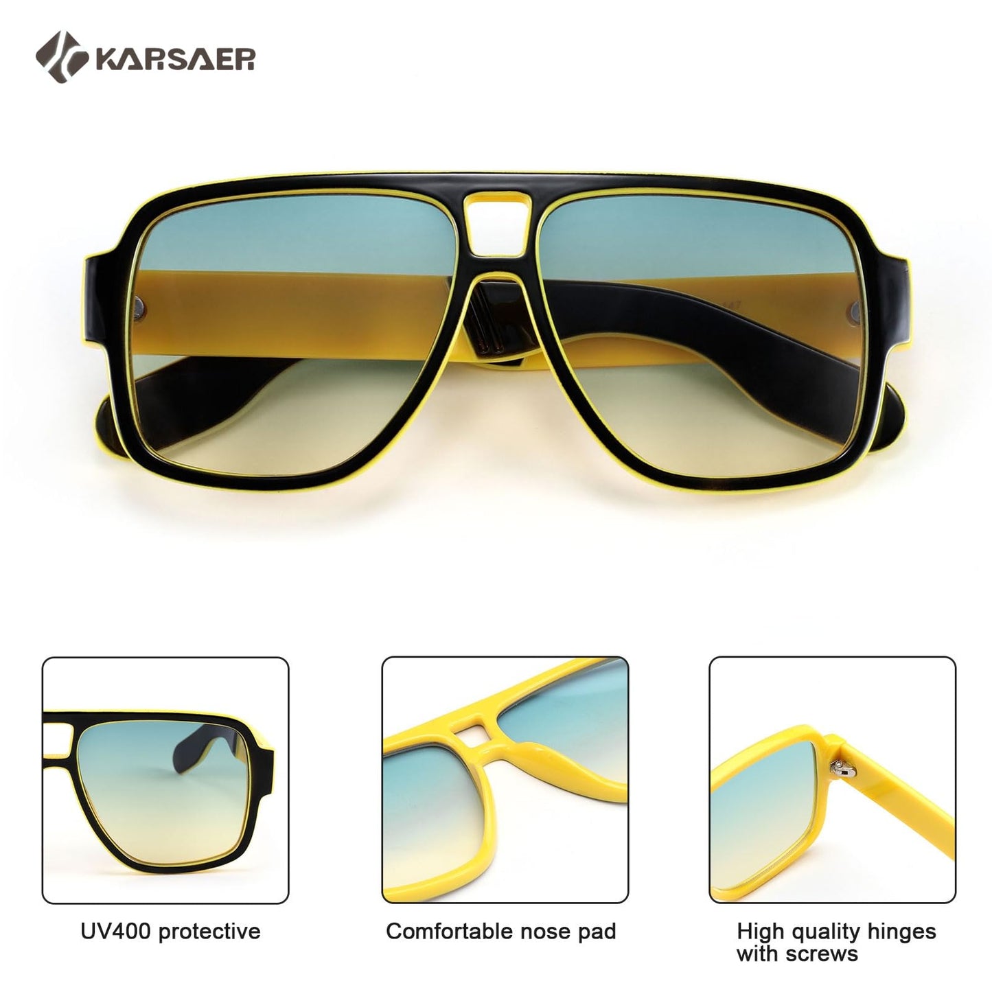 Karsaer Vintage 70s Style Aviator Sunglasses for Men Women Double Bridge Square Thick Retro Pilot Sunglasses K7123