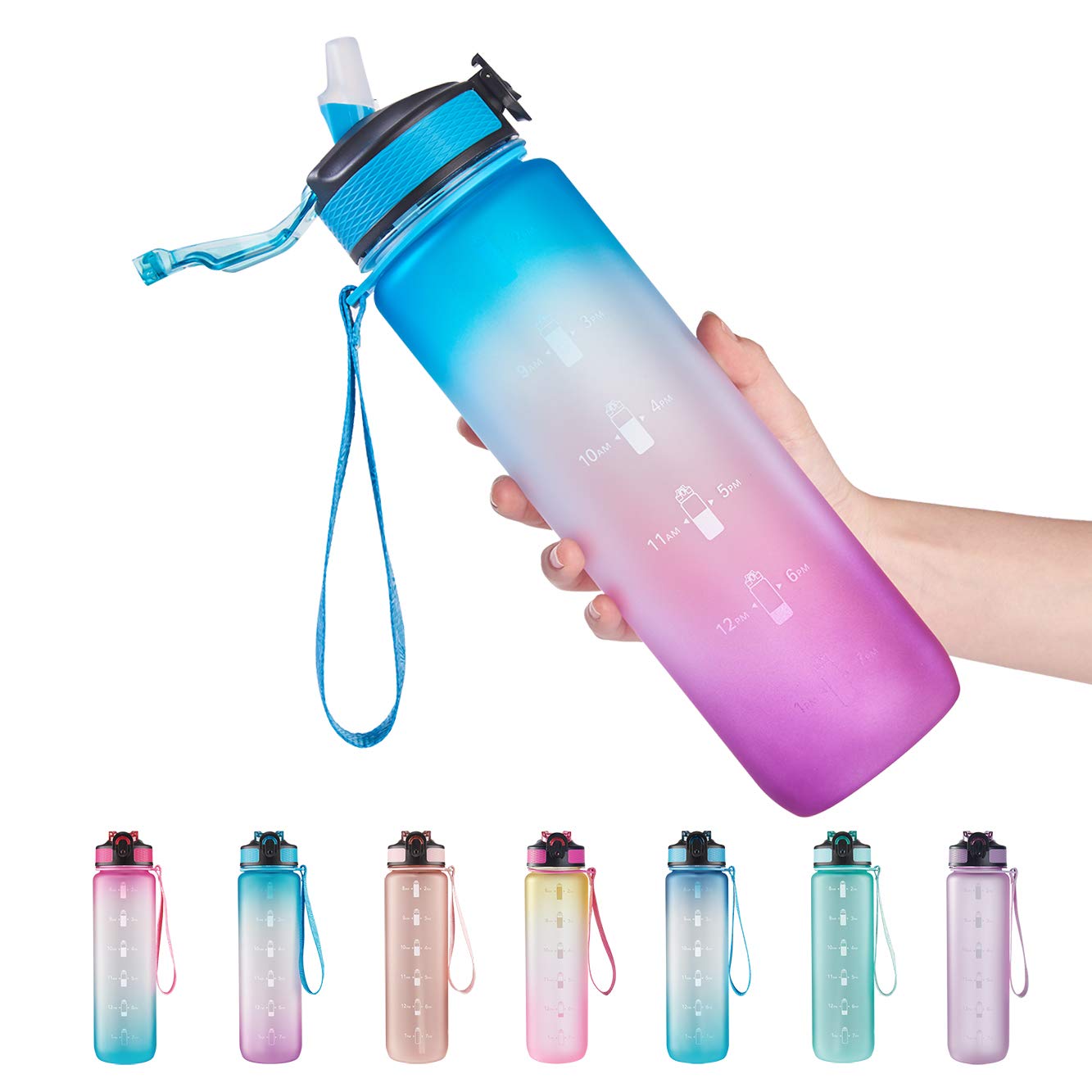 EYQ 32 oz Water Bottle with Times Marker, Carry Strap, Leak-Proof Tritan BPA-Free, Ensure You Drink Enough Water for Fitness, Gym, Camping, Outdoor Sports (Green/Purple Gradient)