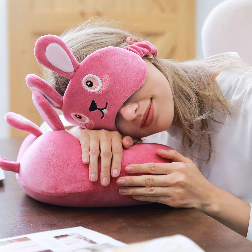 Memory Foam Animal Travel Pillow, Comfortable Neck Pillow with Cute Eye Mask Lightweight Traveling Pillow for Airplane, Car, Train, Bus and Home Use (Bunny)