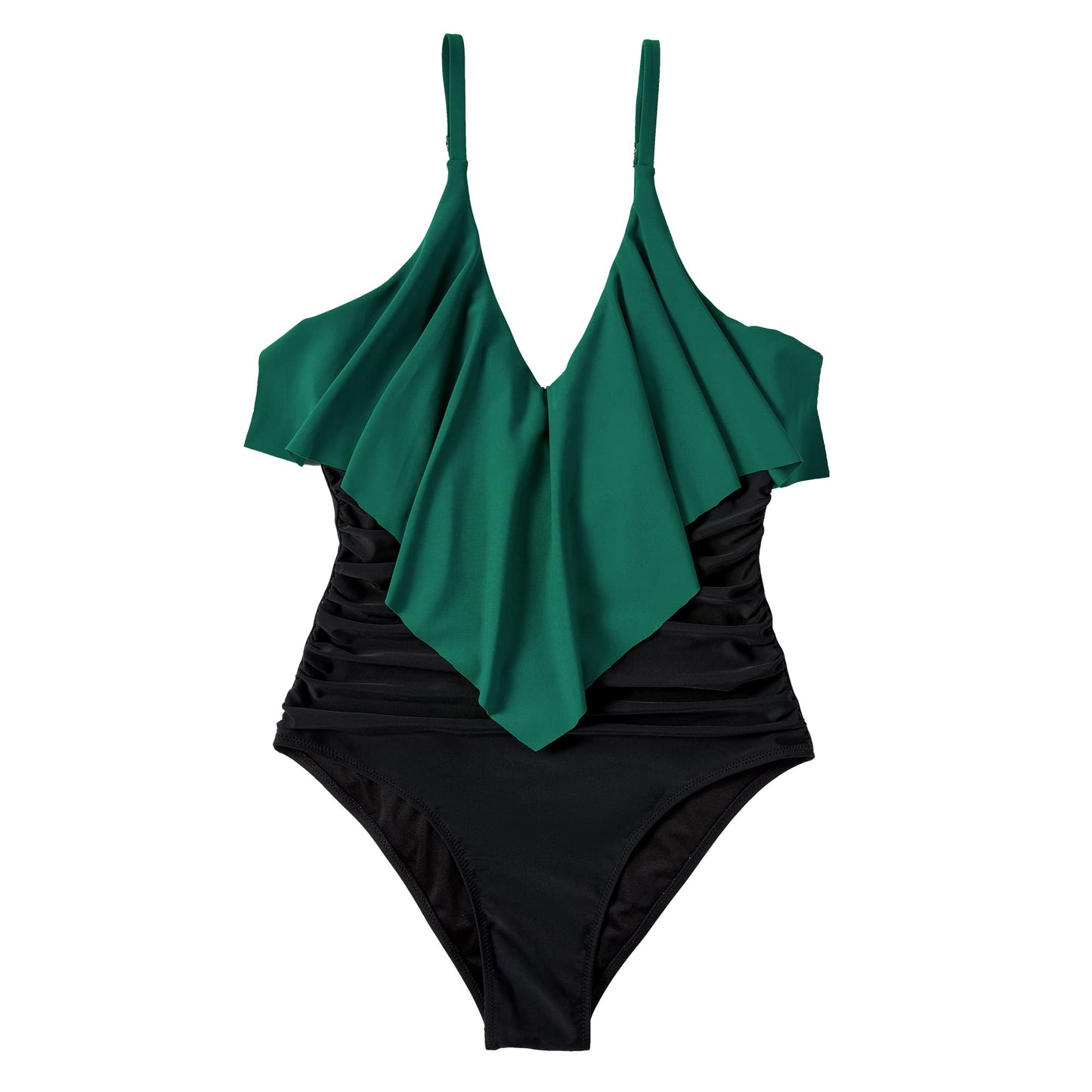 SUUKSESS Women Slimming Ruffle One Piece Swimsuits Ruched Tummy Control Bathing Suits (Deep Green Black, L)