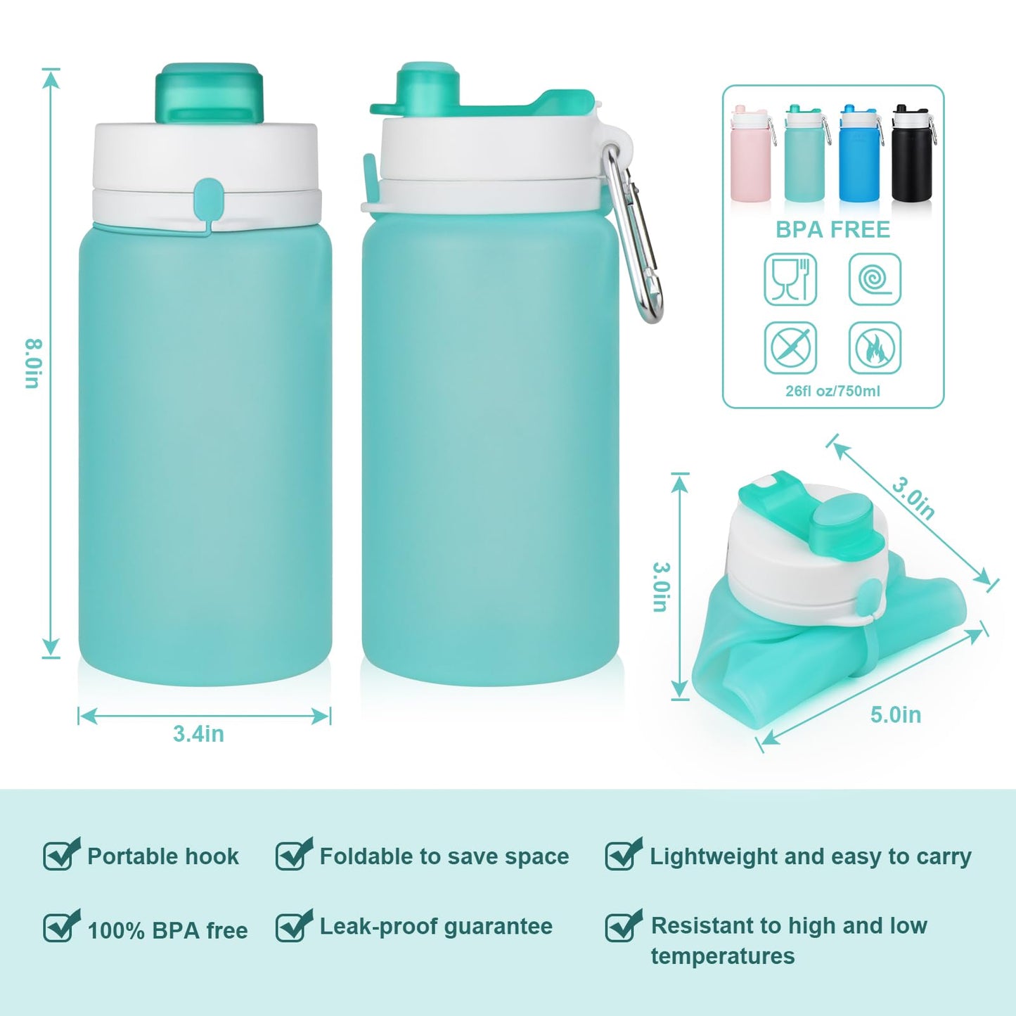 PLTCAT Collapsible Water Bottle, 26oz Foldable Water Bottle BPA Free Reusable Lightweight Leak-Proof Travel Silicone Water Bottle for Travel, Gym, Hiking, Office, Camping(Green)