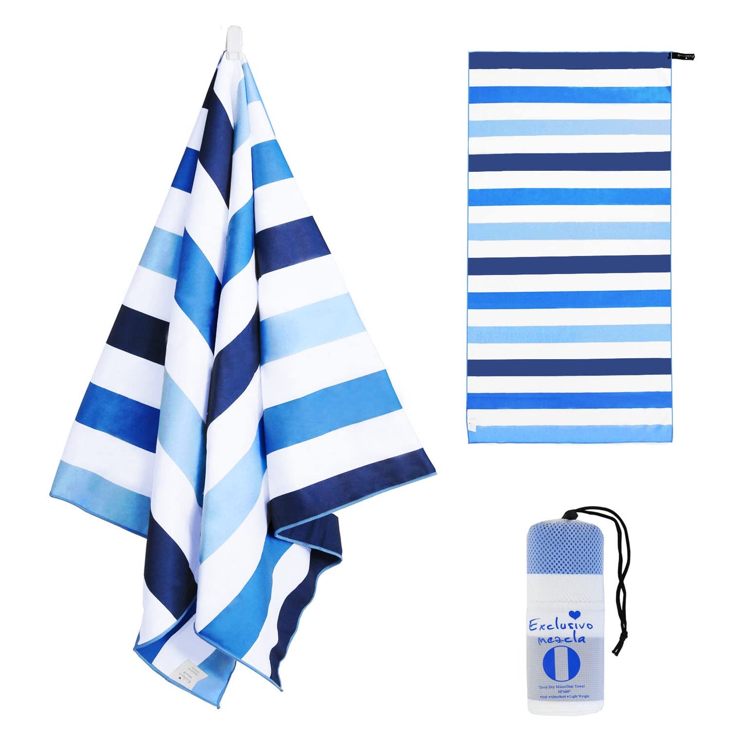 Exclusivo Mezcla Large Microfiber Quick Dry Beach Towel for Adults, Lightweight Sand Free Cabana Stripe Pool Travel Camping Towel with Bag (Blue, 30"X60")