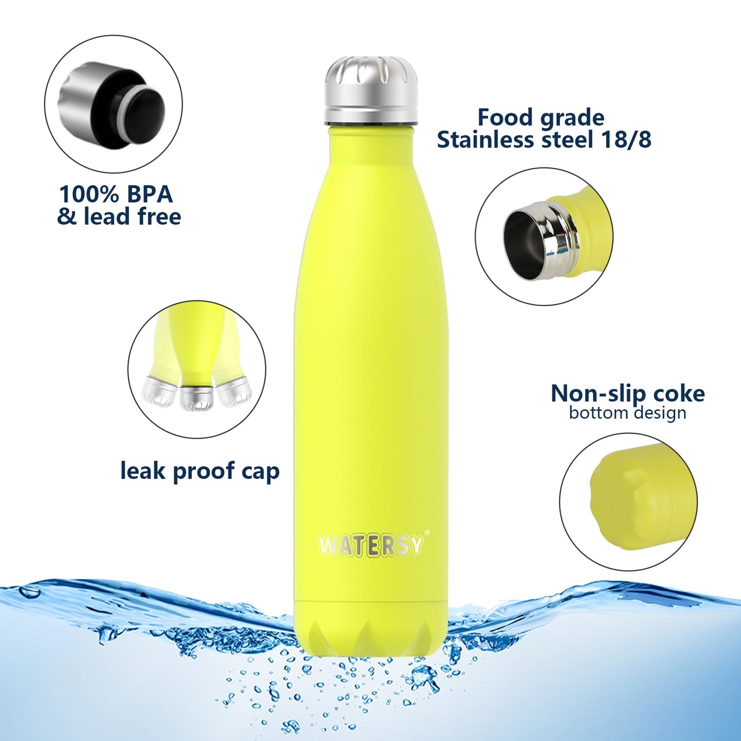 WATERSY Stainless Steel water bottles,17oz/500ml Insulated Water Bottles,Lemon Yellow metal water bottle Keeps Drink Cold and Hot,BPA Free kids water bottles for School,Gym,Travel,Sports