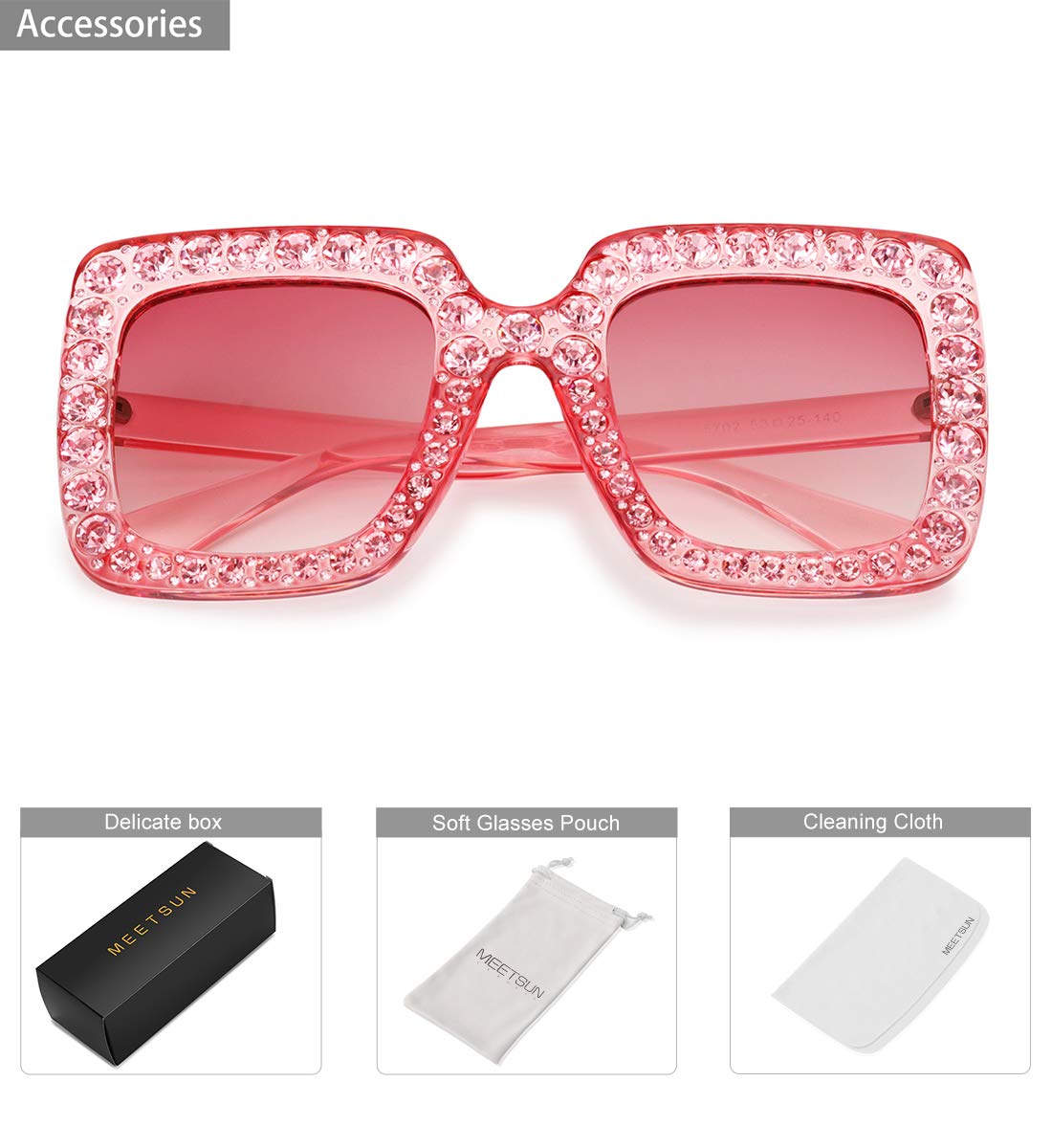 MEETSUN Sunglasses For Women Oversized Square Luxury Crystal Frame Designer Fashion Glasses Pink-Gradient