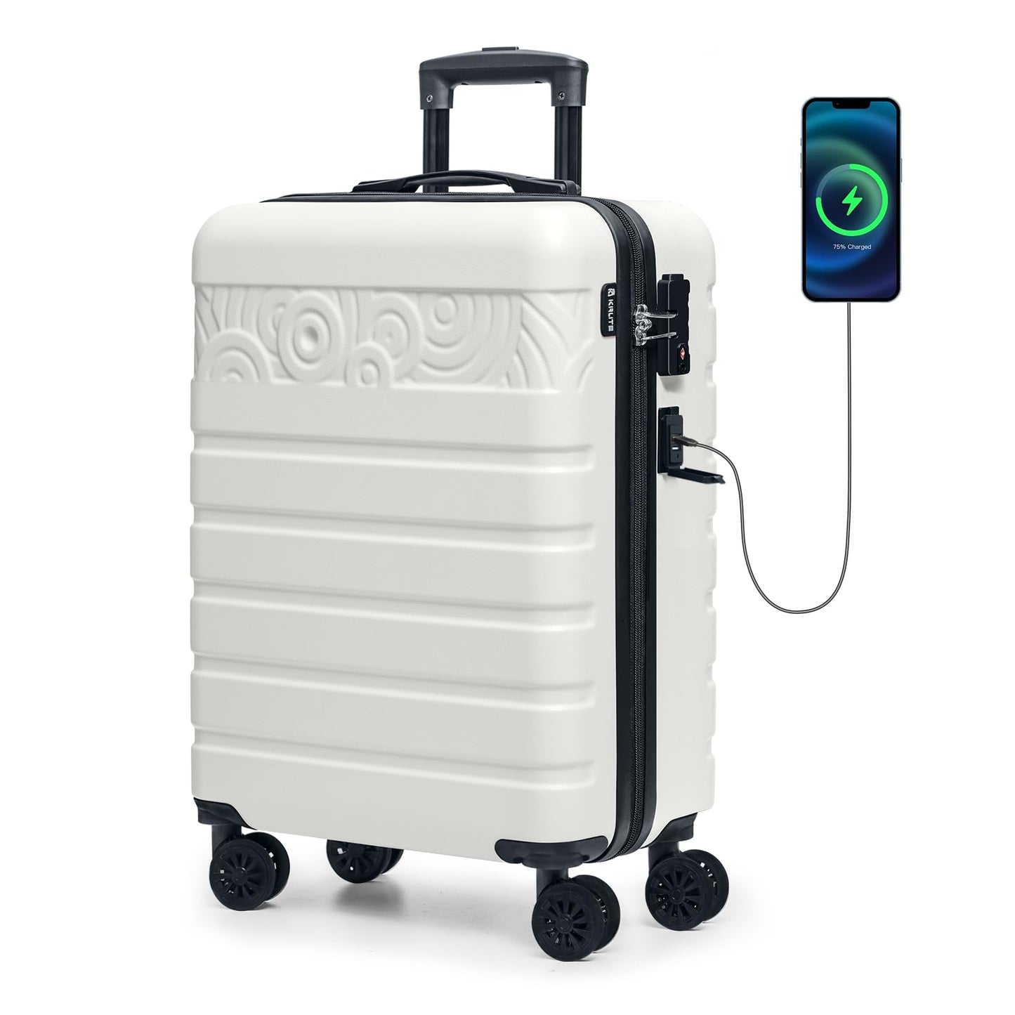 Krute Carry On Suitcase with wheels,21 Inch Airline Approved Hard Shell Luggage with USB Charging Port & TSA Lock Lightweight PC ABS White