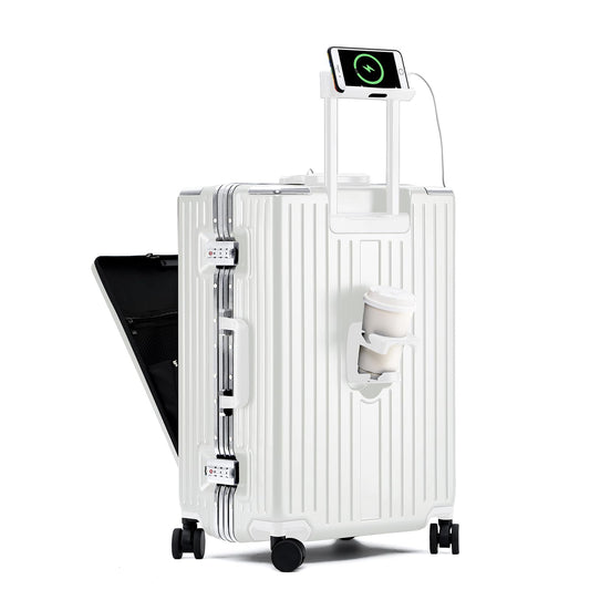 YUNASAY Aluminum Frame Carry on Luggage 22x14x9 Airline Approved with Front Compartment, Cup Holder & Phone Holder,Usb Port, and TSA Lock, Hard Shell Suitcase with Spinner Wheels(White, 20 inch)