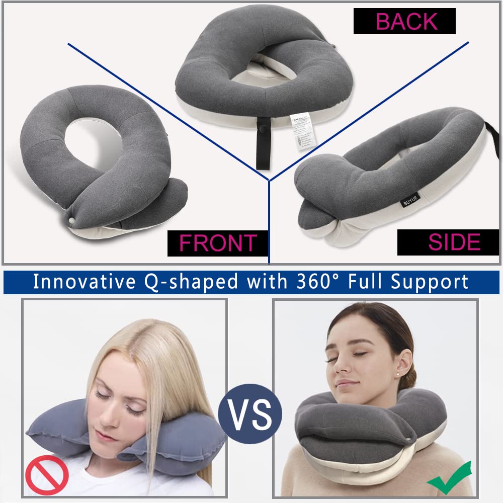 BUYUE Travel Neck Pillows for Airplanes, 360° Head Support Sleeping Essentials for Long Flight, Skin-Friendly & Breathable, Kit with 3D Contoured Eye Mask, Earplugs and Storage Bag (Adult, Grey)