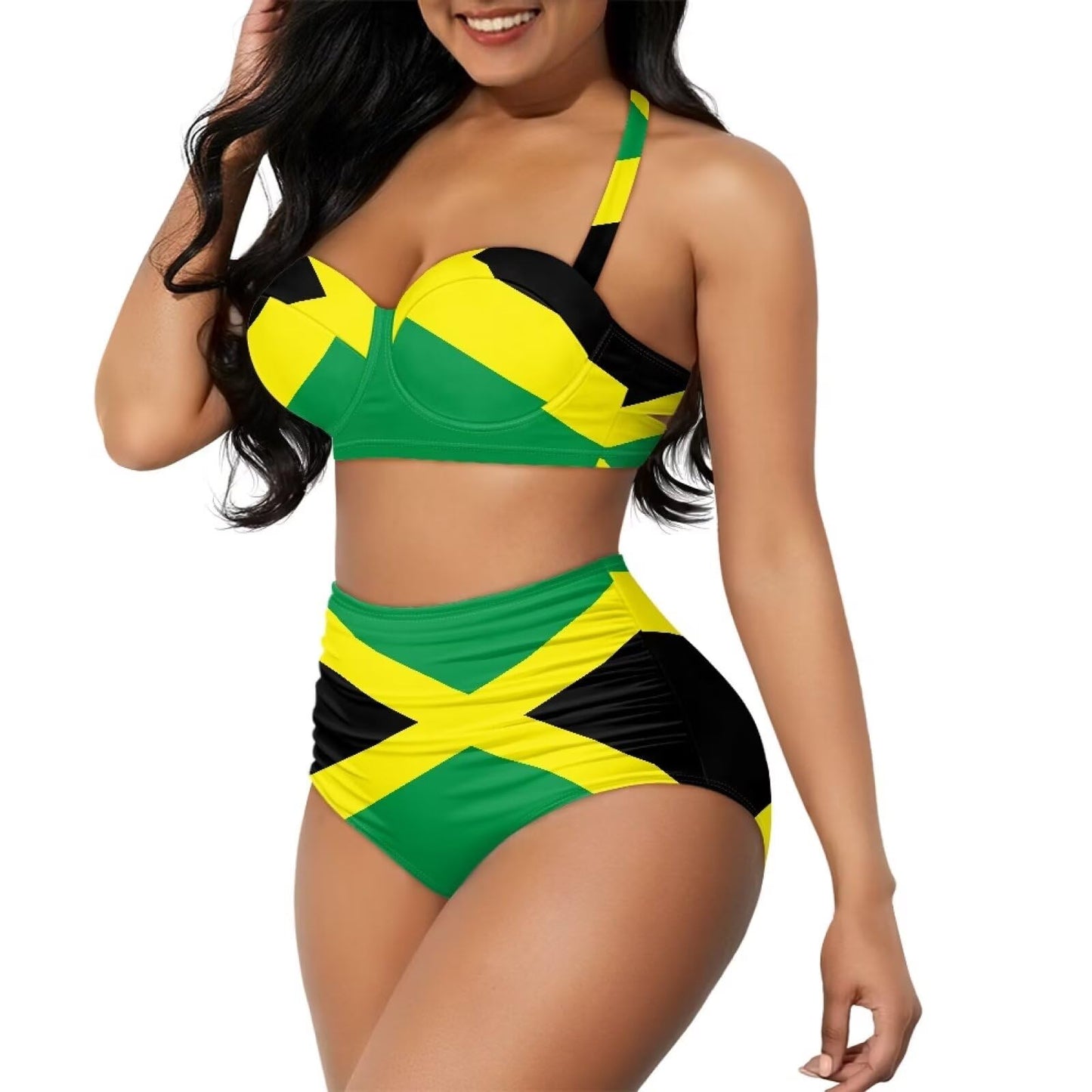 Yewattles Sexy Bikini Sets Self-Tie Halter Straps Top and Ruched Green Jamaica Flag Set of 2 Lingerie Swimsuit for Women Breathable Quick Dry Bathing Suit