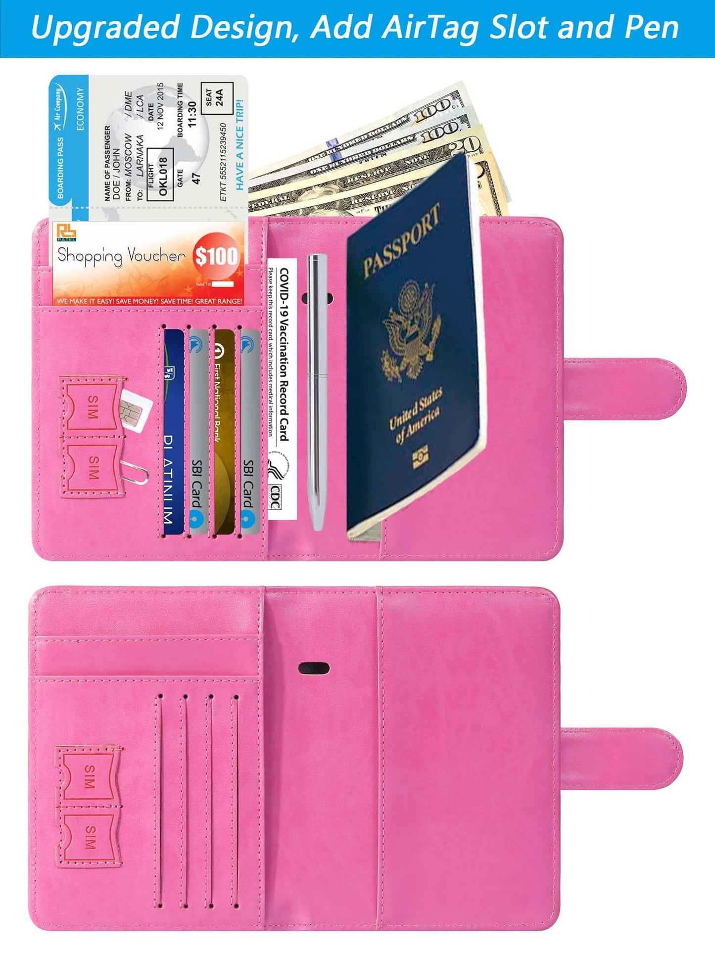 Airtag Passport Holder Cover Wallet RFID Blocking Leather Case Travel Essentials Luggage Accessories Travel Must Have(118#Pink)