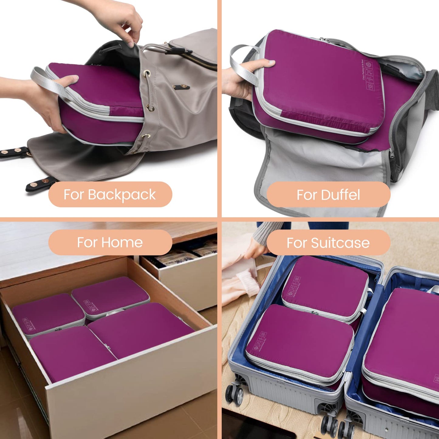 Cambond Compression Packing Cubes for Travel - 4 Pack Travel Bags Luggage Organizers Travel Essentials Compression Cubes for Carry on Suitcases, Purple