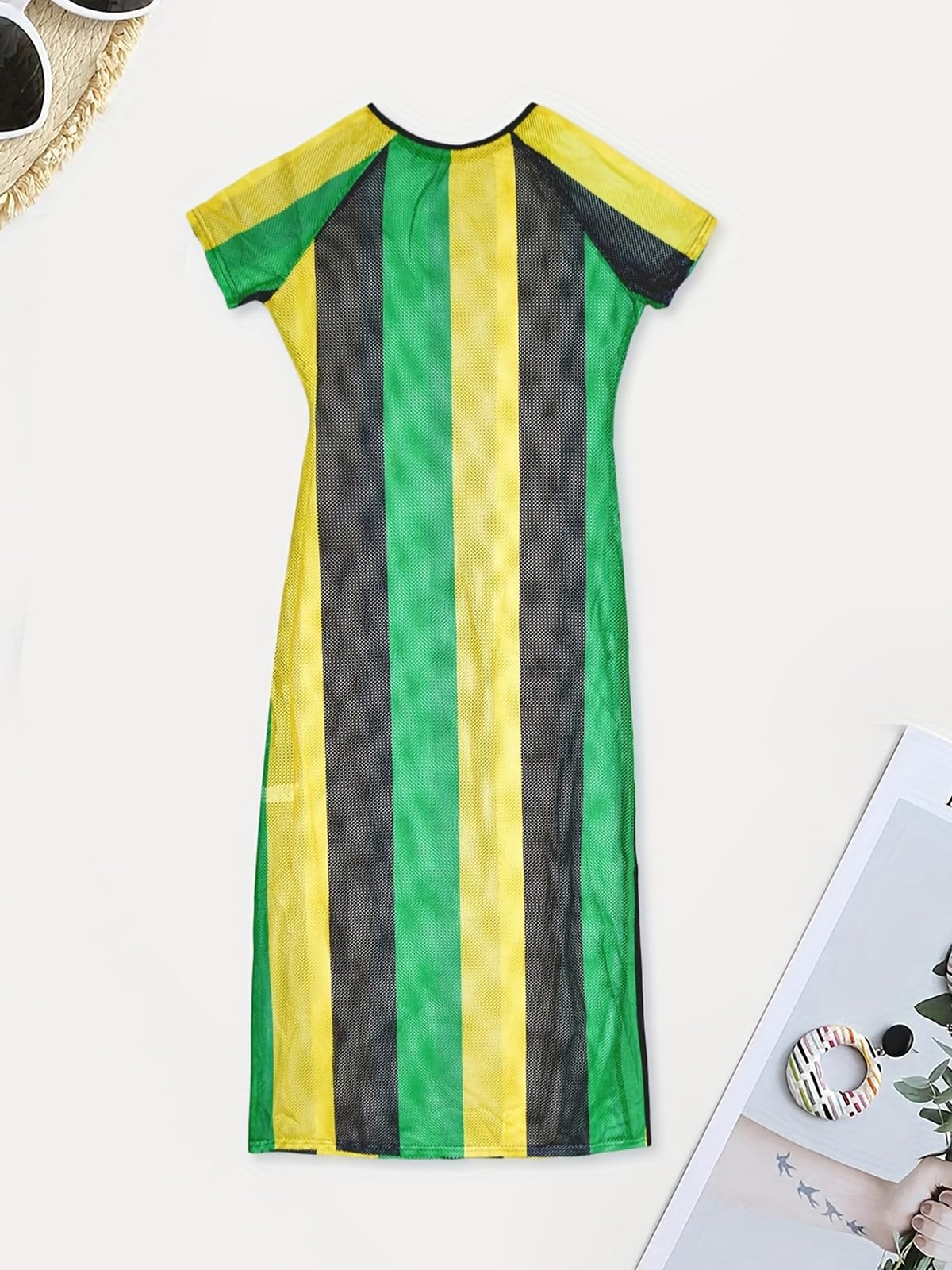 XZLUFNY Jamaica Swimsuits for Women Carnival Round Neck Short Sleeve Side Split Straight Color Blocking Spliced Cover Ups (Long M) Green