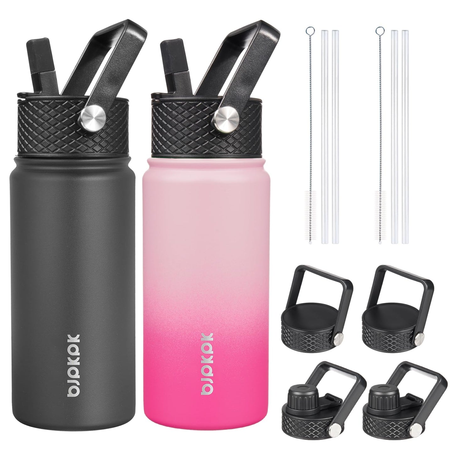 BJPKPK 2 Pack Insulated Water Bottles with Straw Lids, 18oz Stainless Steel Metal Water Bottle with 6 Lids, Leak Proof BPA Free Thermos, Cups, Flasks for Travel, Sports (Sakura+Black)