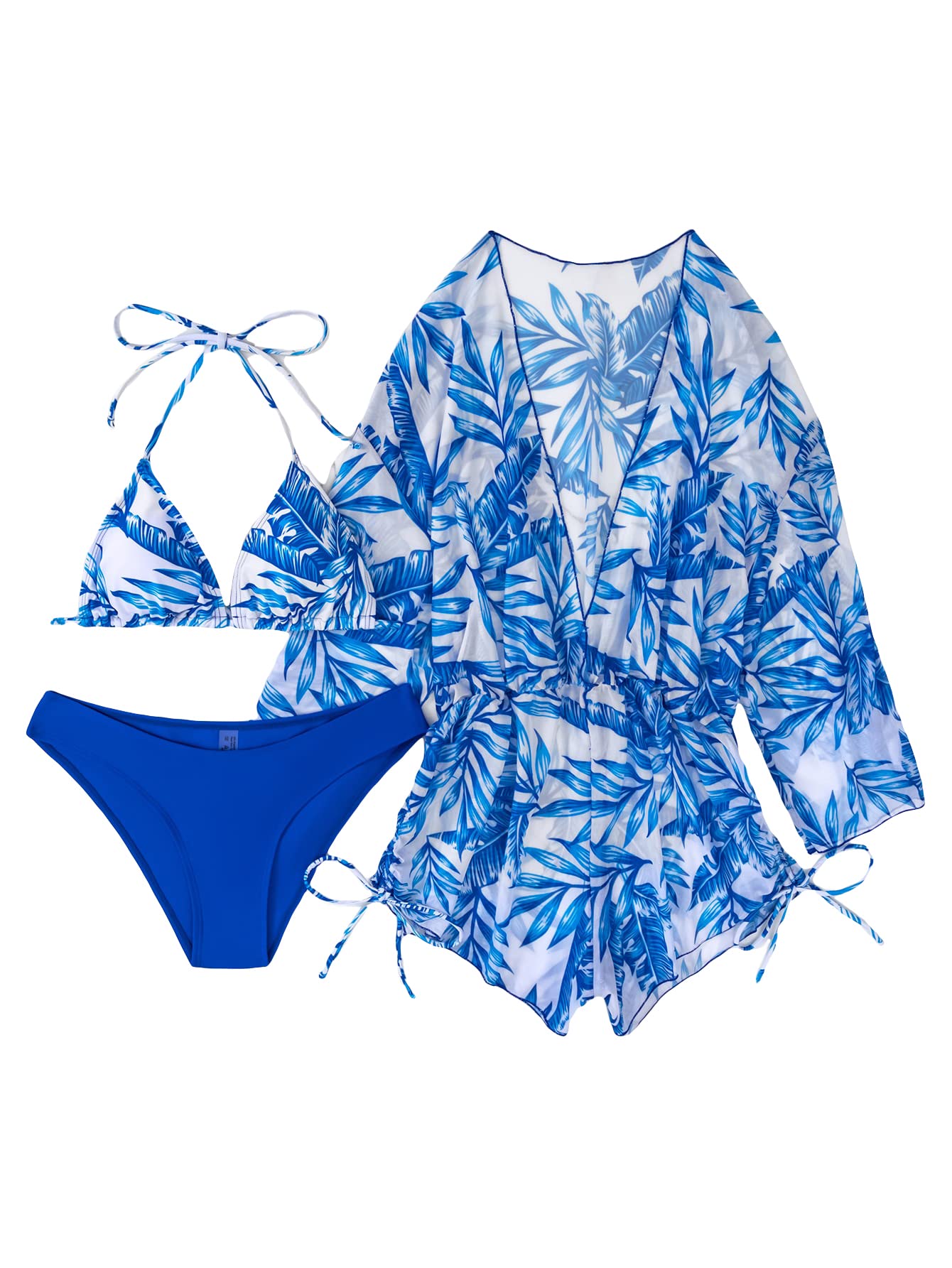 SHENHE Women's 3 Piece Swimsuit Leaf Print Halter Drawstring Side Bikini Set with Cover Up Royal Blue White L