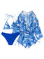 SHENHE Women's 3 Piece Swimsuit Leaf Print Halter Drawstring Side Bikini Set with Cover Up Royal Blue White L