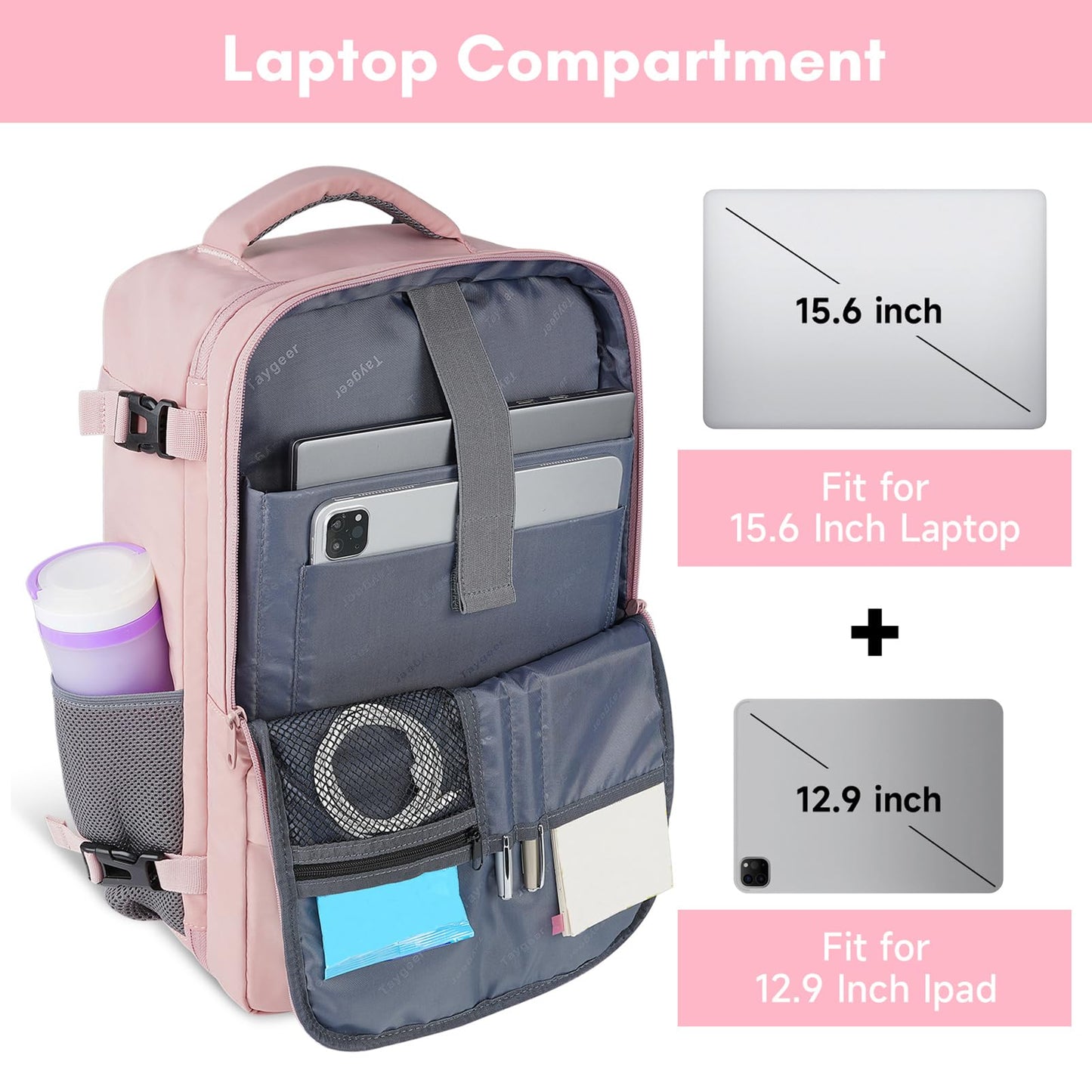 Taygeer Travel Backpack for Women, Carry On Backpack with USB Charging Port & Shoe Pouch, TSA 15.6inch Laptop Backpack Flight Approved, Nurse Bag Casual Daypack for Weekender Business Hiking, Pink