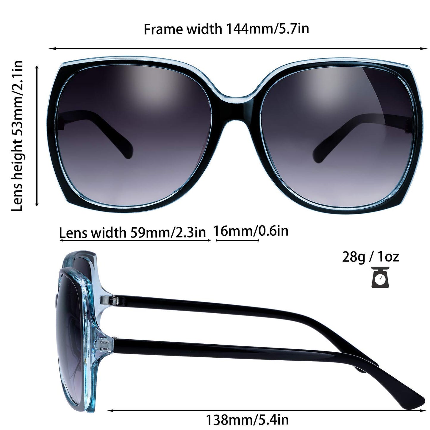 The Fresh Women's Oversized Square Jackie O Cat Eye Hybrid Butterfly Fashion Sunglasses - Exquisite Packaging (727703-Crystal blue/Black paint, Gradient Grey)