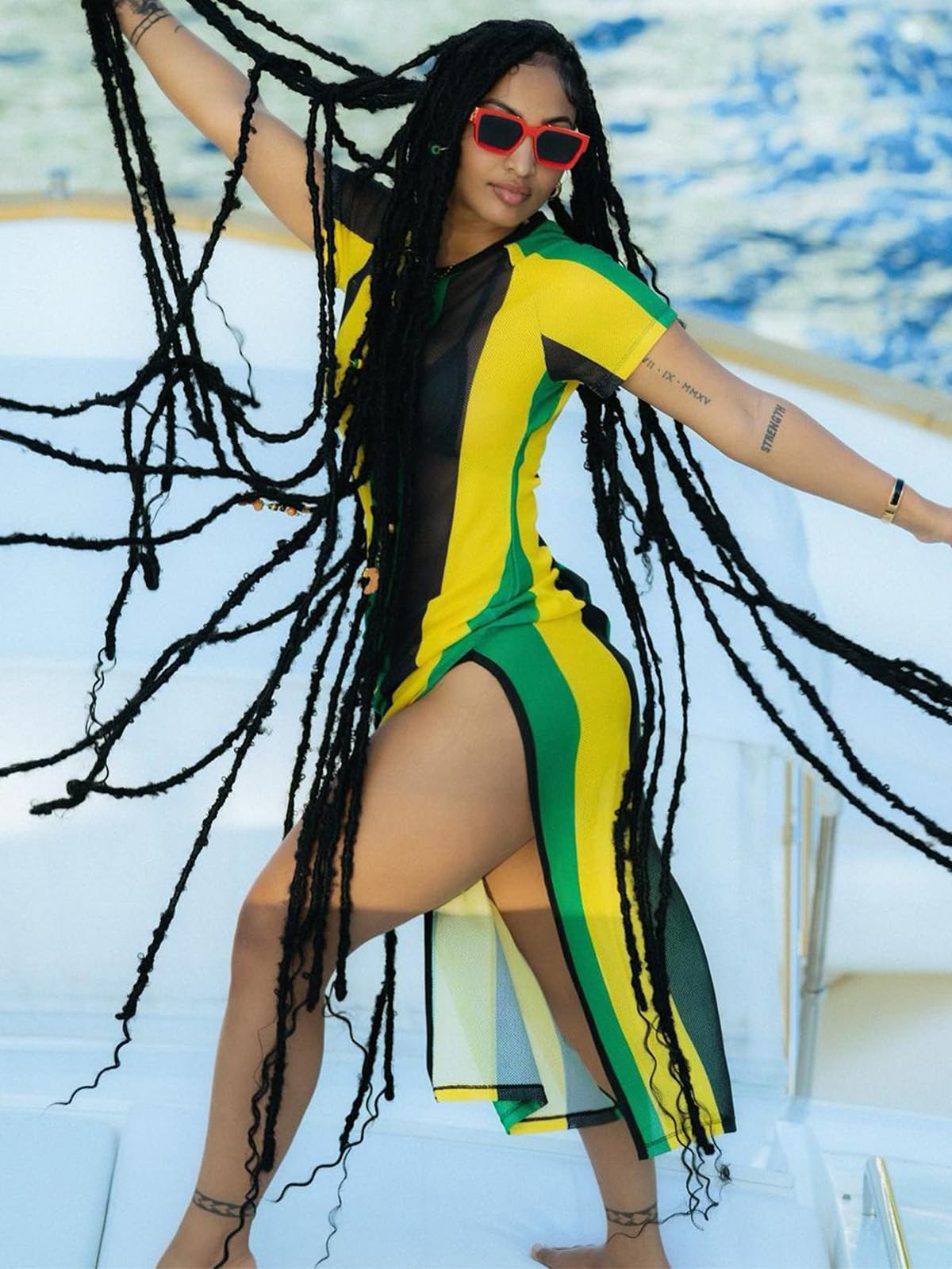 XZLUFNY Jamaica Swimsuits for Women Carnival Round Neck Short Sleeve Side Split Straight Color Blocking Spliced Cover Ups (Long M) Green