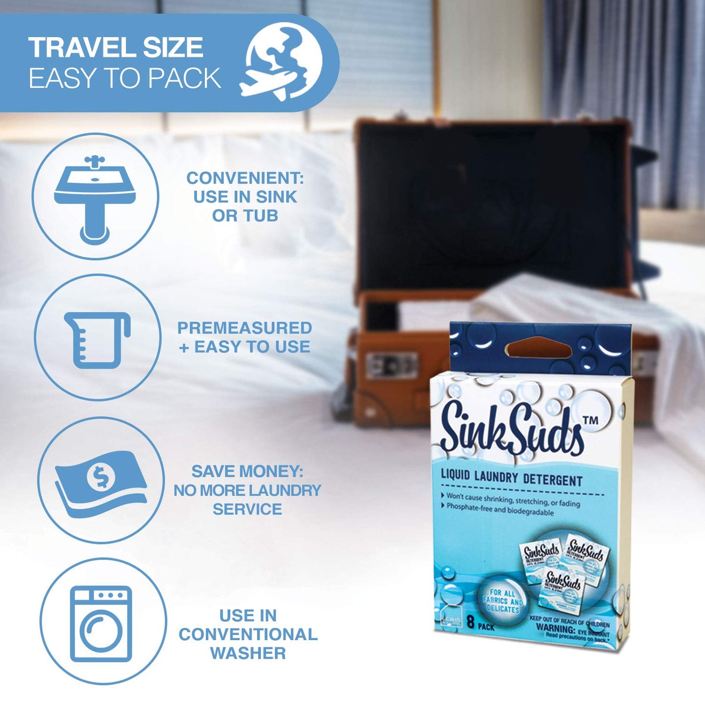 SinkSuds Laundry Detergent, Travel Size Liquid Soap, TSA Compliant, Safe For All Fabrics, 8 Packets (Packaging May Vary)