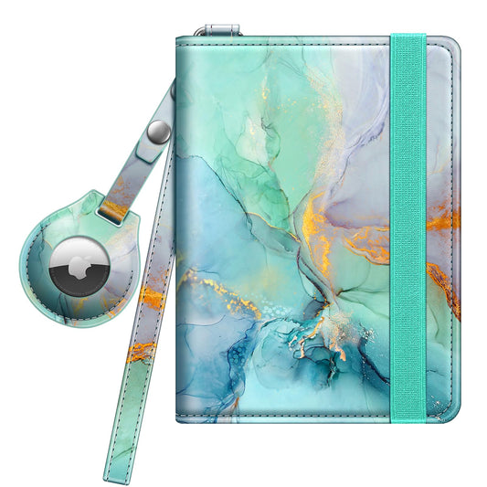 Fintie Passport Holder with Airtag Holder, Slim Travel Wallet RFID Blocking Card Case Cover Passport Cover Protector Travel Essentials with Credit Card Slots for Women/Men, Emerald Marble