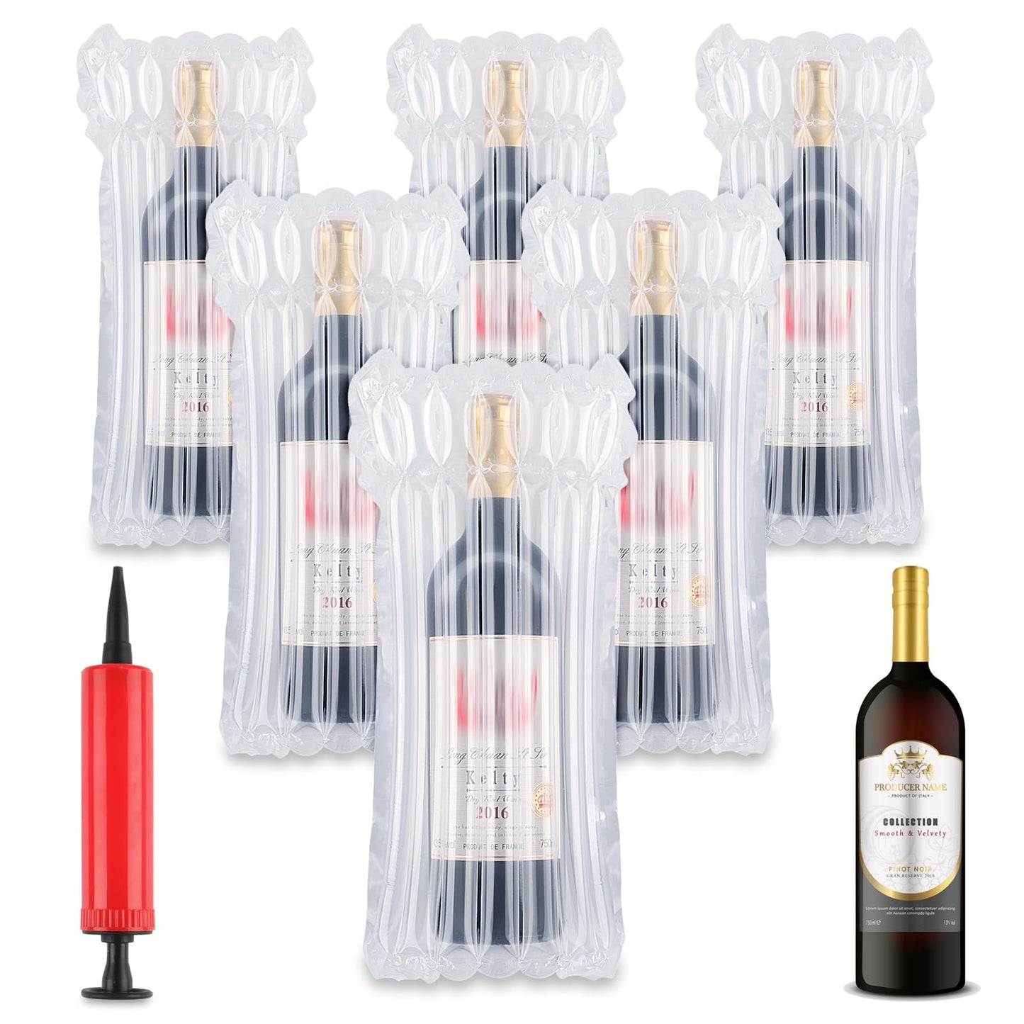 Wine Bottle Travel Protector Bags, 6 Packs Inflatable Wine Bags for Travel with Reusable Pump, Inflatable Air Column Wine Bottle Protector for Bottle Packaging in Airplane Transport with Luggage