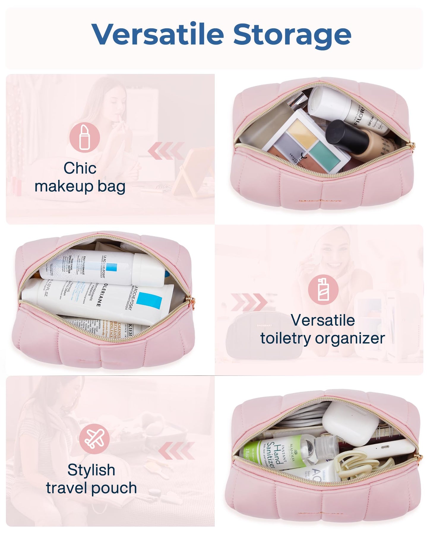 BAGSMART Small Makeup Bag PU Leather Travel Makeup Bag Organizer Makeup Pouch, Portable Cosmetic Bags for Women, Cute Make Up Bag for Travel Size Toiletries Accessories Brushes (Pink)