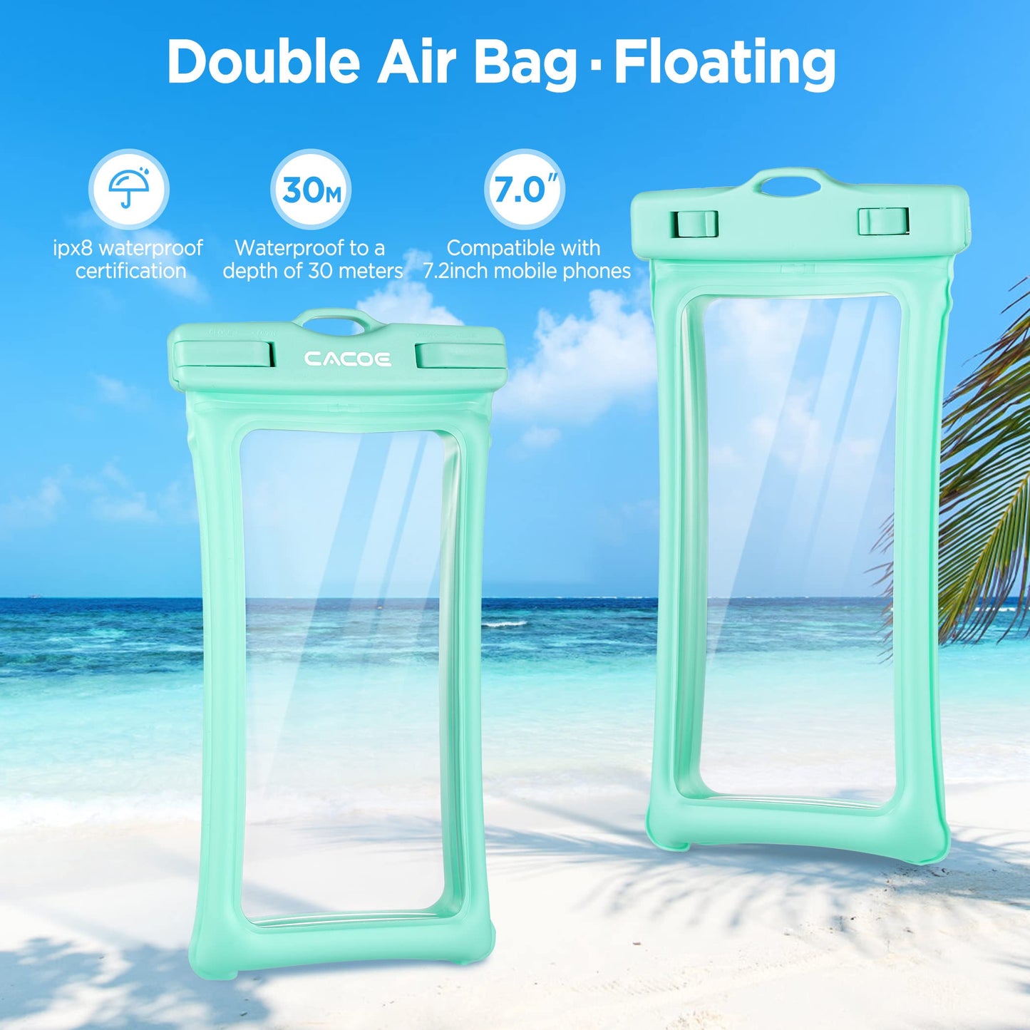 [Floatable]CACOE Floating Universal IPX8 Waterproof Phone case 2 Pack-Up to 7.0",Adjustable Neck Lanyard Phone Pouch,Phone Dry Bags for Vacation Beach Pool Kayak Cruise Travel Essentials（Black+Green）