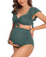 Charmo Maternity Swimsuit Two Piece Ruffle Sleeve Ribbed Ruched Bikini Tie Knot High Waisted Pregnancy Swimwear Green S