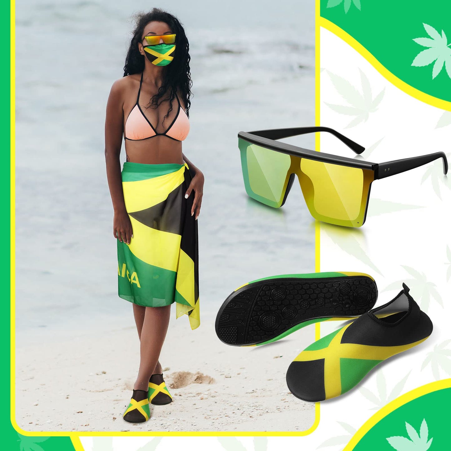 Yahenda 4 Pcs Jamaica Swimsuits for Women Set Include Water Shoes, Mask Sunglasses(Women 6.5-7.5,Jamaican Flag Color)