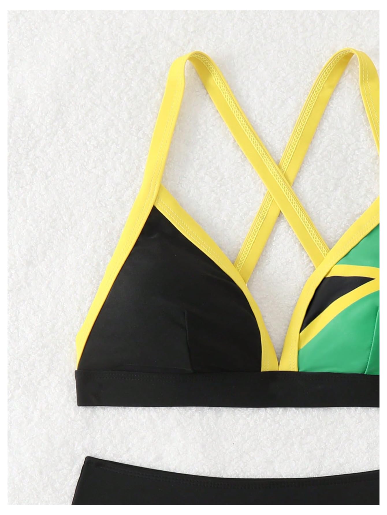 GORGLITTER Women's Triangle Jamaica Swimsuits Color Block High Waisted Bikini High Cut Thong Bathing Suit Black Large