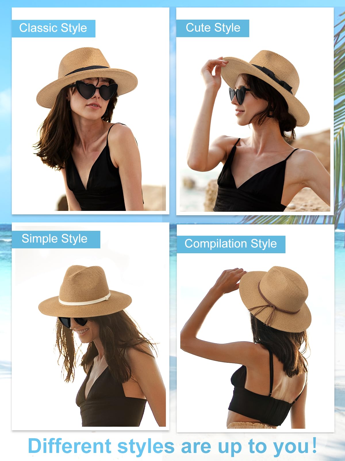 Sun Hats for Women Straw Panama Hat Wide Brim Fedora Beach Hat Packable UV UPF 50+ Summer Hat Khaki